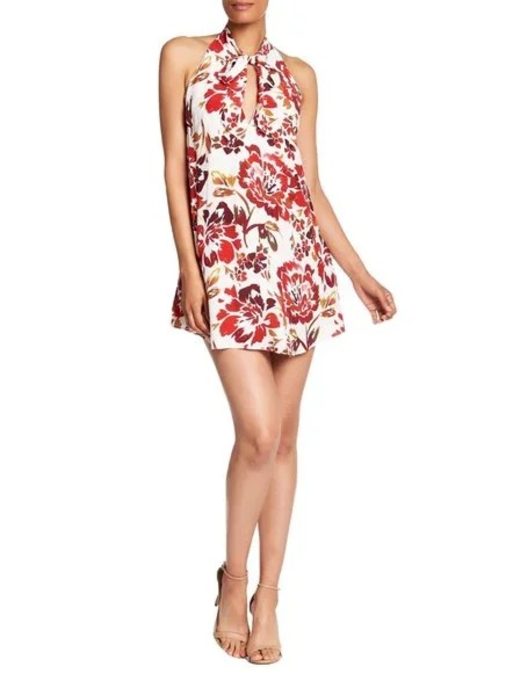 Lovers + Friends White Mini Halter Dress with Red Floral Print
